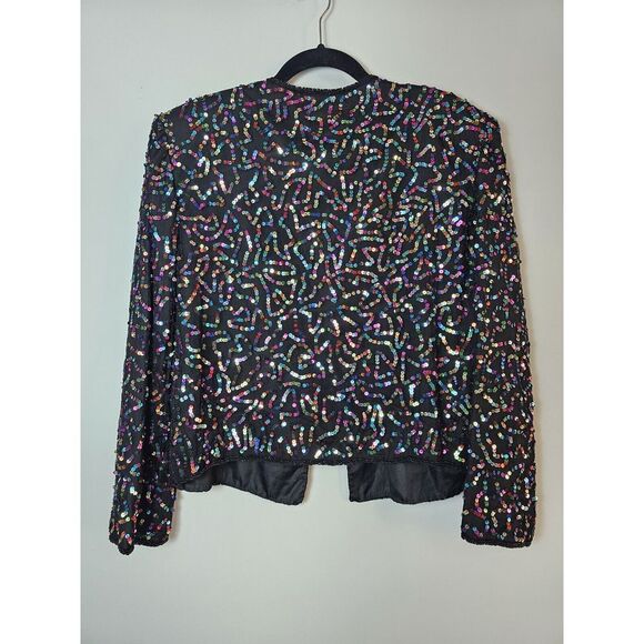 VTG Pappell Boutique XL Silk Black Jacket Multicolor‎ Sequins Holiday Party NYE - Picture 3 of 9